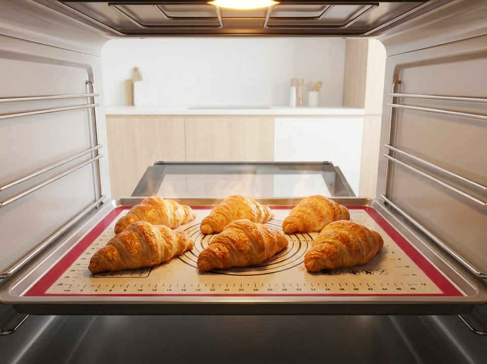 Croissants dorés posés sur le tapis TASTO sur une plaque de cuisson.