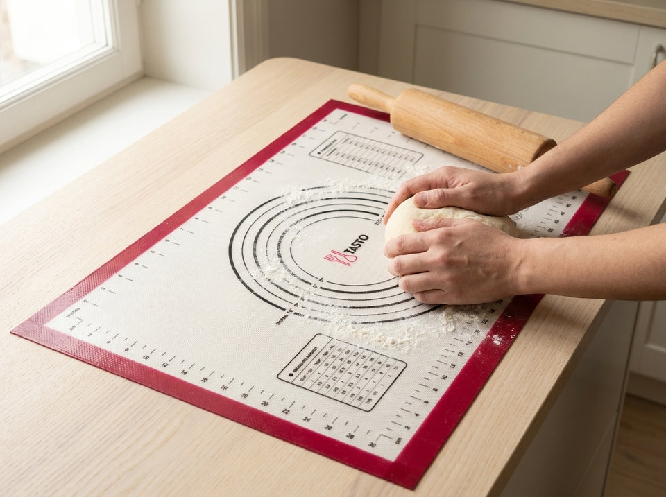 Mains qui pétrissent une boule de pâte sur le tapis TASTO, rouleau et farine à proximité.